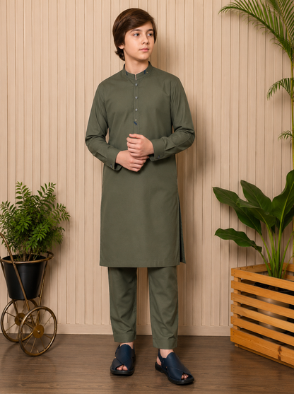Kids Olive Green Shalwar Kameez Set – Stylish Kurta Pajama for Boys