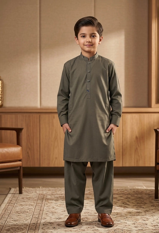 Kids Olive Green Shalwar Kameez Set – Stylish Kurta Pajama for Boys